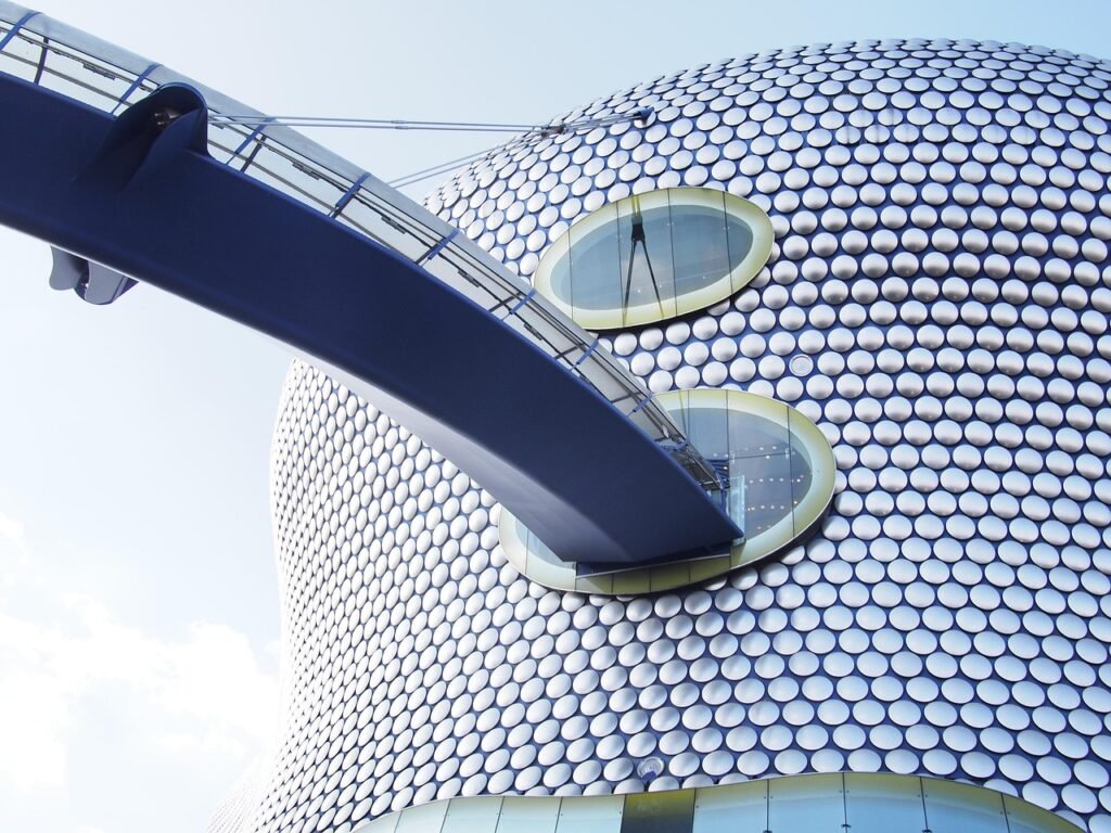 bullring, birmingham, architecture, modern, architectural, building, metal, engineering, curved, steel, concrete, facade, dot