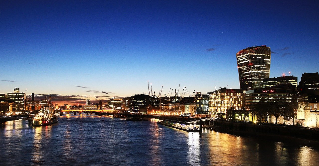 blue sky, capital, cranes, london, night, reflections, river thames, skyline, blue river, London, England, United Kingdom