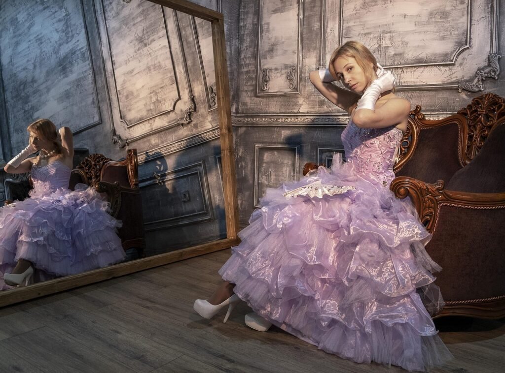 evening dress, ball, ball gown, a princess, castle, armchair, mirror, reflection, magic, story, kingdom, cinderella, shoes, b