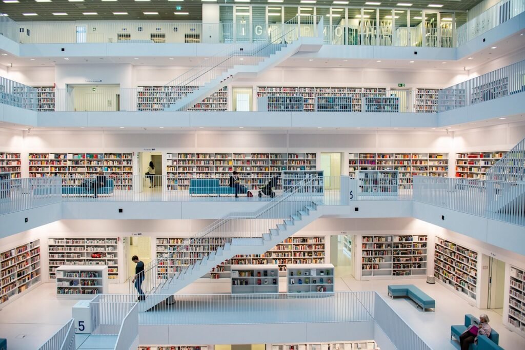 library, architecture, books, interior, interior design, stairs, bookshelves, bookcase, knowledge, reading, modern design, mo