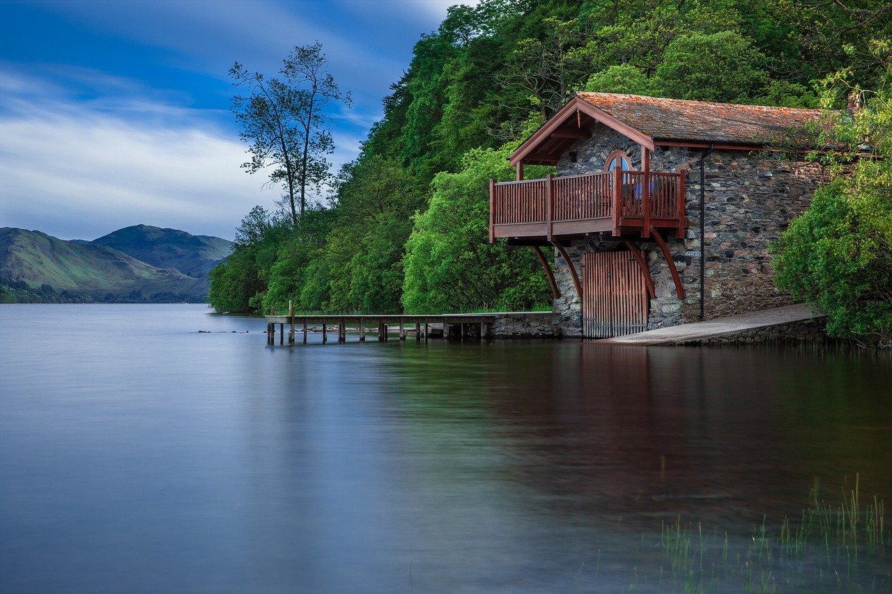 lake, cottage, jetty, dock, water, water reflection, balcony, house, stone house, scenic, scenery, countryside, nature, scotl