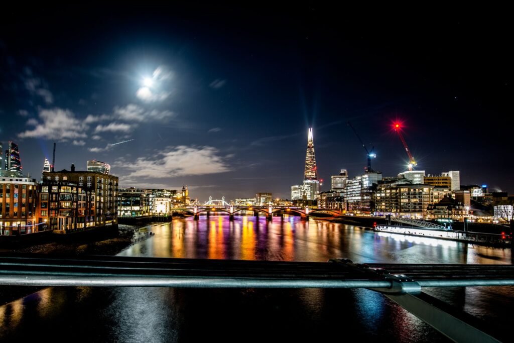 Beautiful night view of London's skyline with illuminated bridges and buildings along the Thames River.