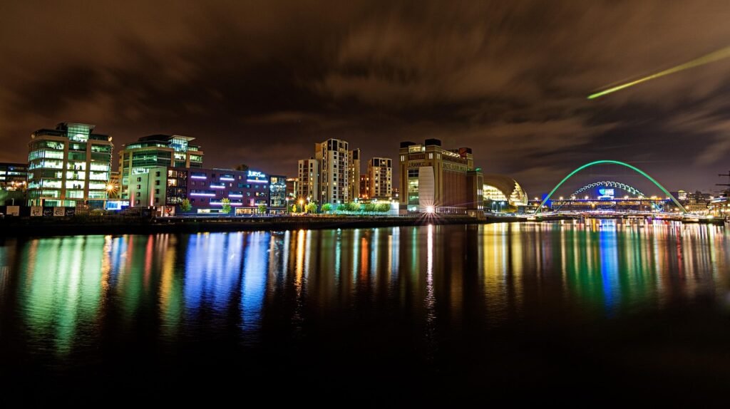 gateshead, tyne wear, reflections, water, town, england, lights, night, nature, reflection mirror, brown mirror