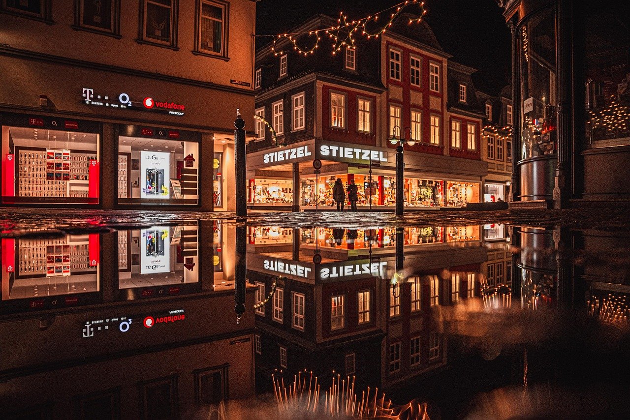 shops, night, illuminated, establishments, stores, mirroring, nature, reflection, puddle, water, water reflection, mirror ima