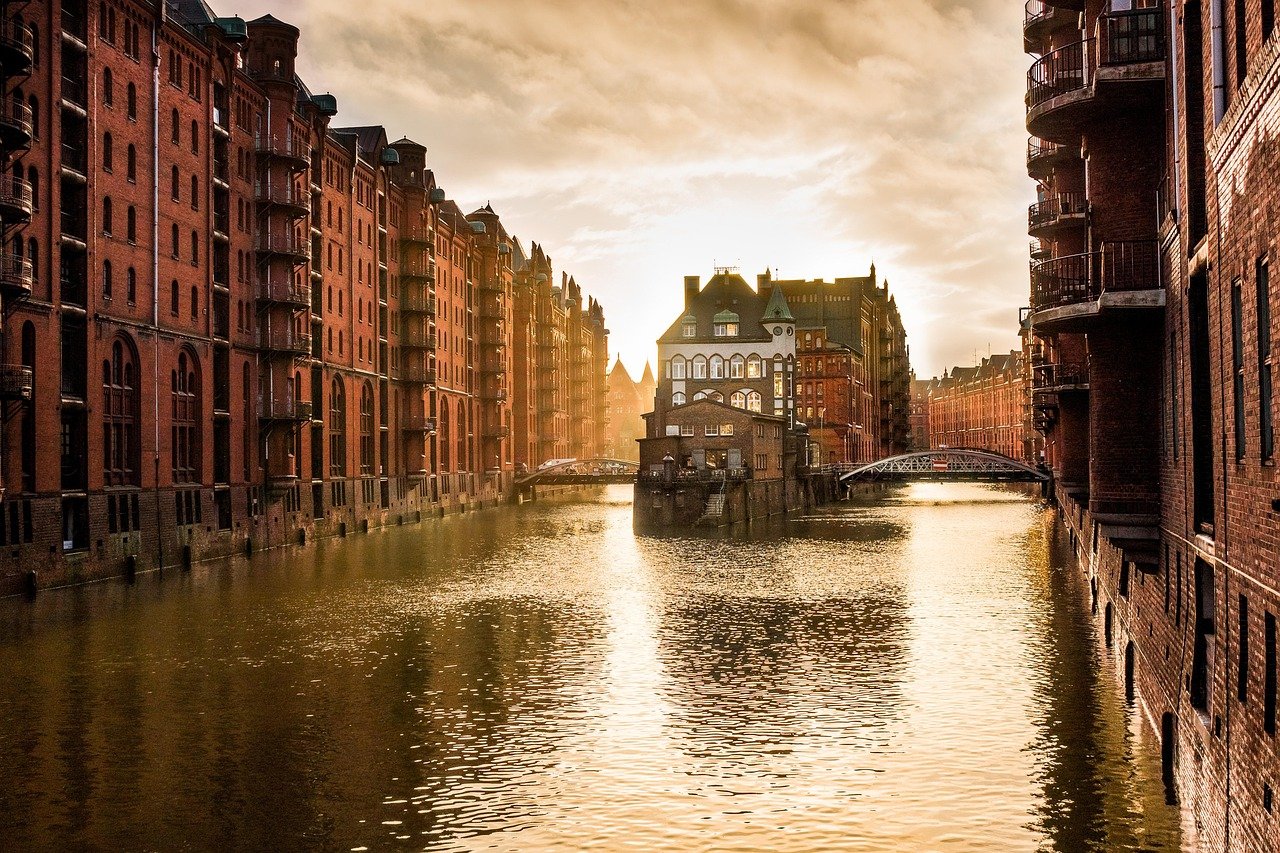 hamburg, speicherstadt, channel, city, houses, germany, city trip, nature, architecture, waterway, bridge, sunset, evening at