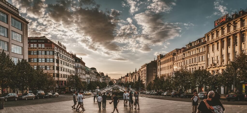 prague, wenceslas square, city, nature, buildings, urban, outdoors, square, tourists, people, capital, sunset, abendstimmung,