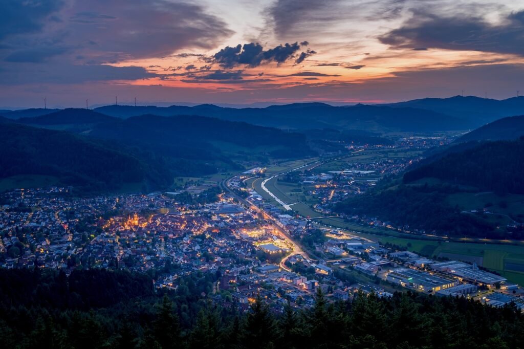 buildings, town, road, hills, sunset, nature, evening, black forest, houses, city, germany, architecture, forest, clouds, daw