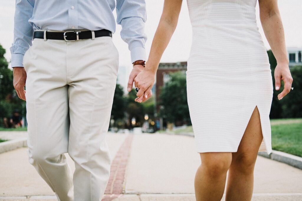 adult, couple, holding hands, fashion, fashionable, man, outdoors, pants, people, style, walk, woman, love, married, lovers,