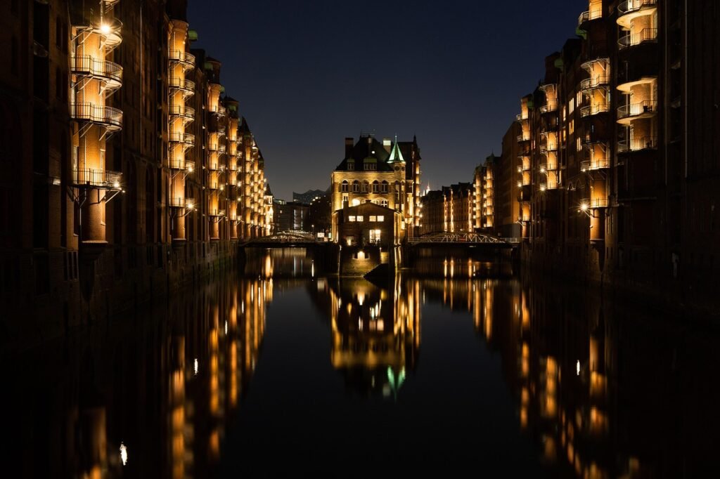 hamburg, speicherstadt, night, evening, architecture, buildings, hafencity, landmark, facade, historic center, nature, channe