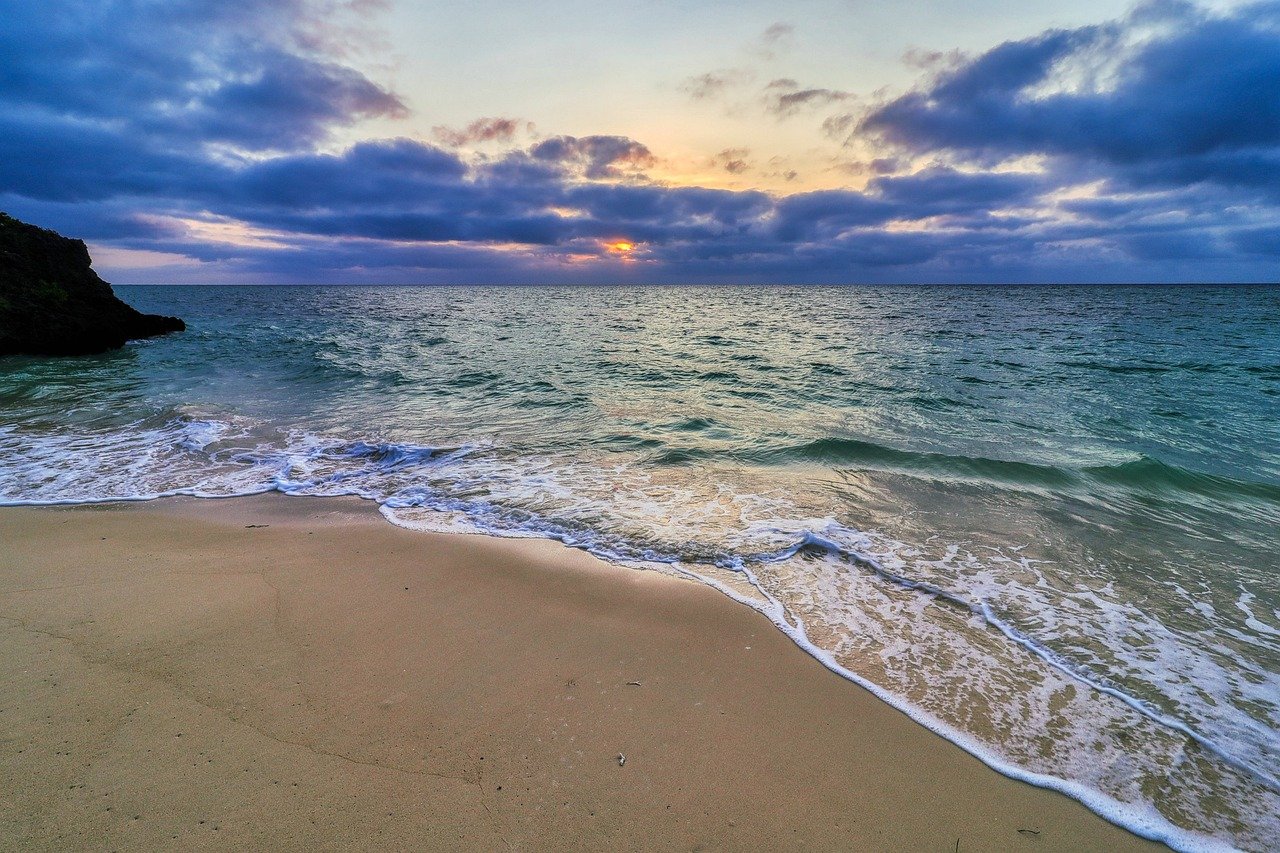 sea, sky, natural, landscape, cloud, nature, beach, sunset, evening, coast, rock, beautiful, peace, blue sea, blue sky
