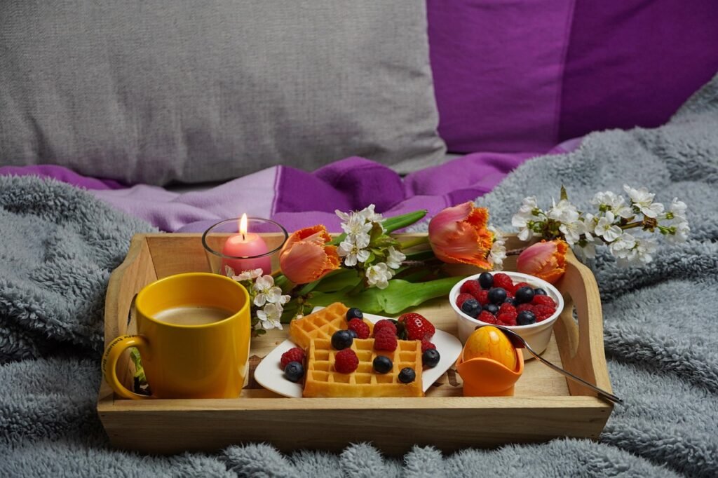 breakfast in bed, breakfast, bed, bedroom, coffee, tomorrow, pillow, home, lifestyle, comfort, flower wallpaper, bed linen, t