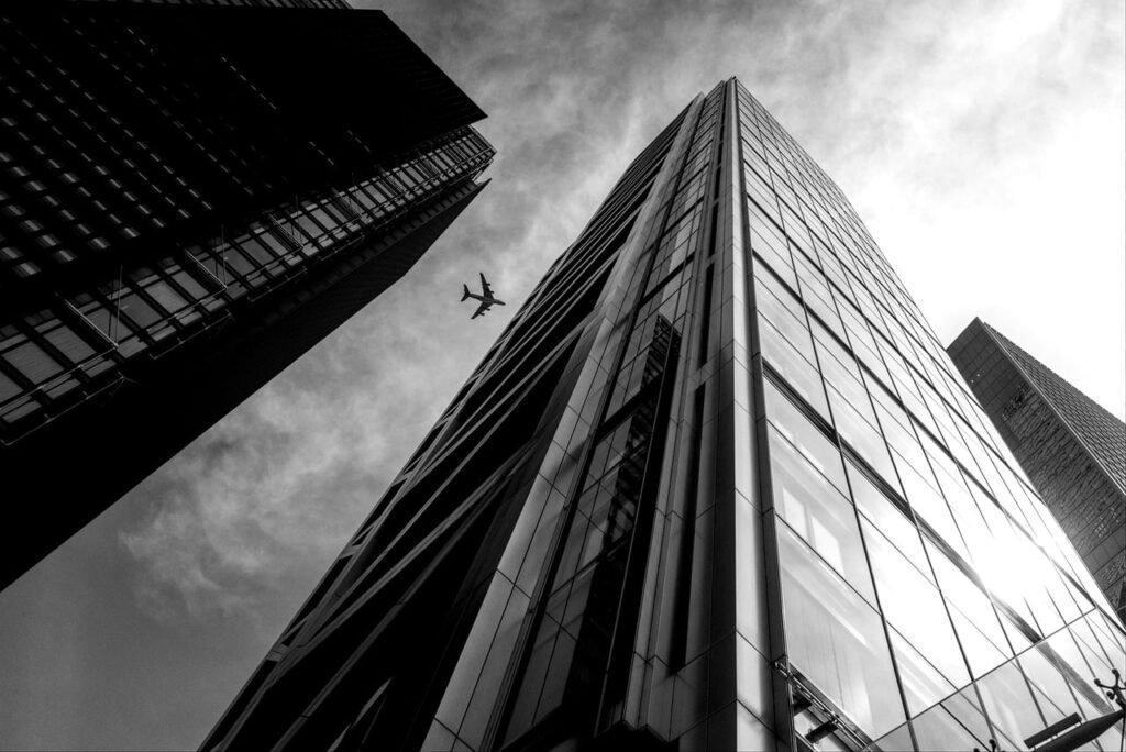 london, uk, reflection, glass, sun, light, summer, mono, city, nature, skyscraper, building, plane