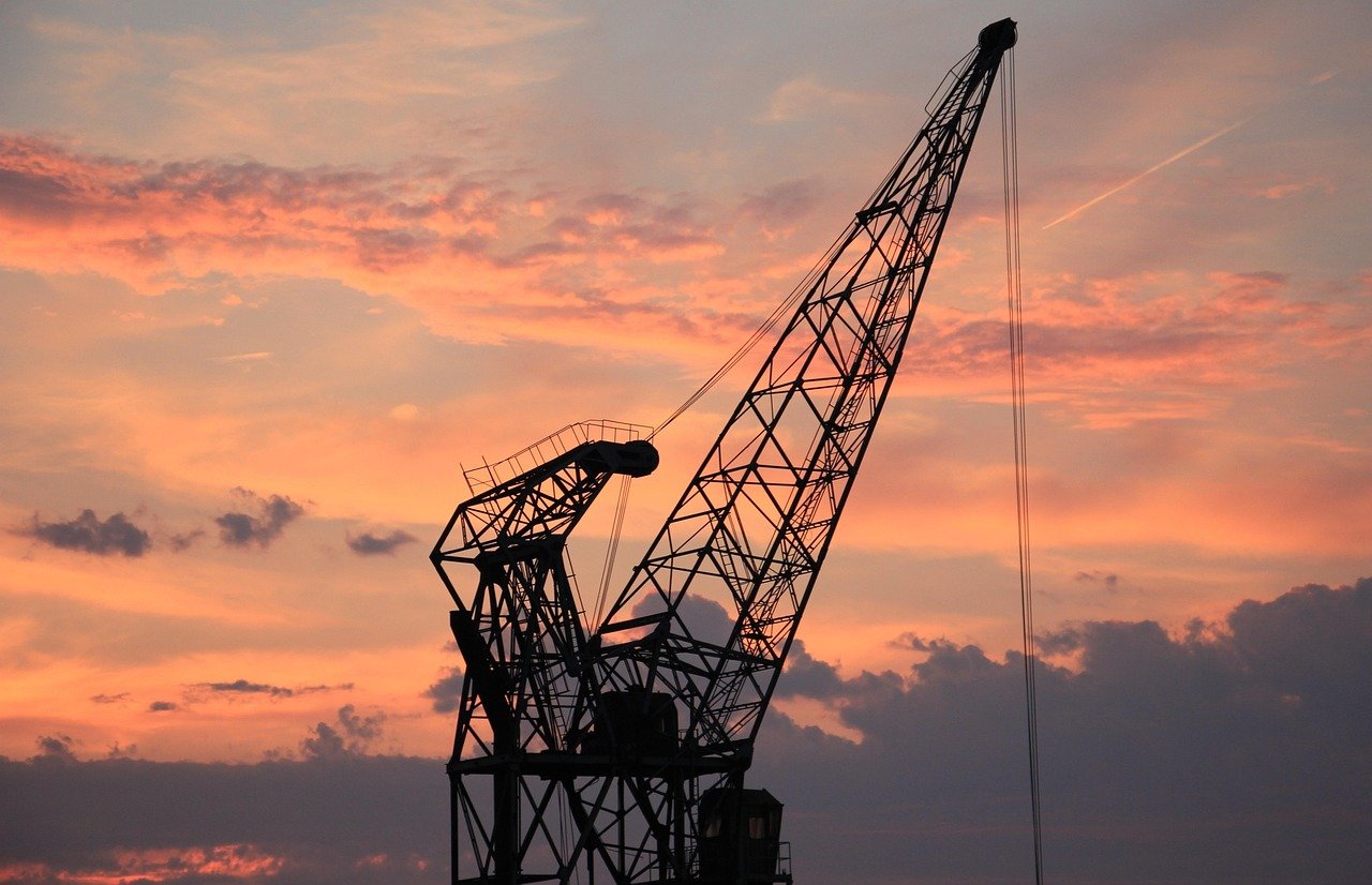harbor crane, sunset, heaven, clouds, industry, port, mood, crane, shipping, evening atmosphere, dusk, loading crane, nature,