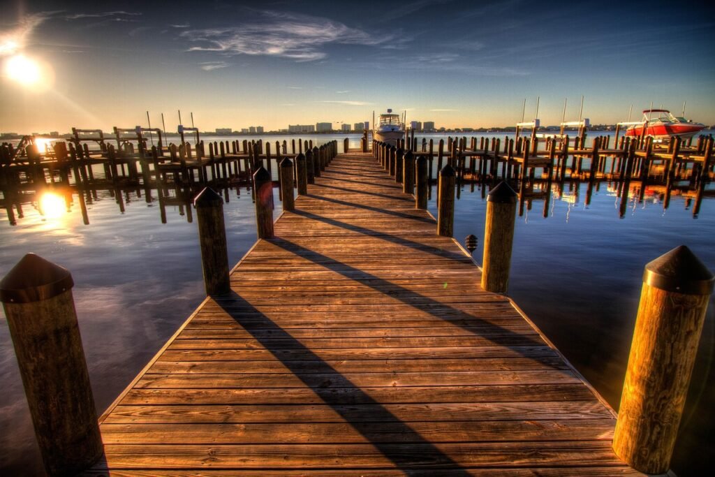 boardwalk, nature, pier, harbor, walkway, sunset, seaside, sea, ocean, twilight, calm, relaxing, scenic, wooden, wooden plank