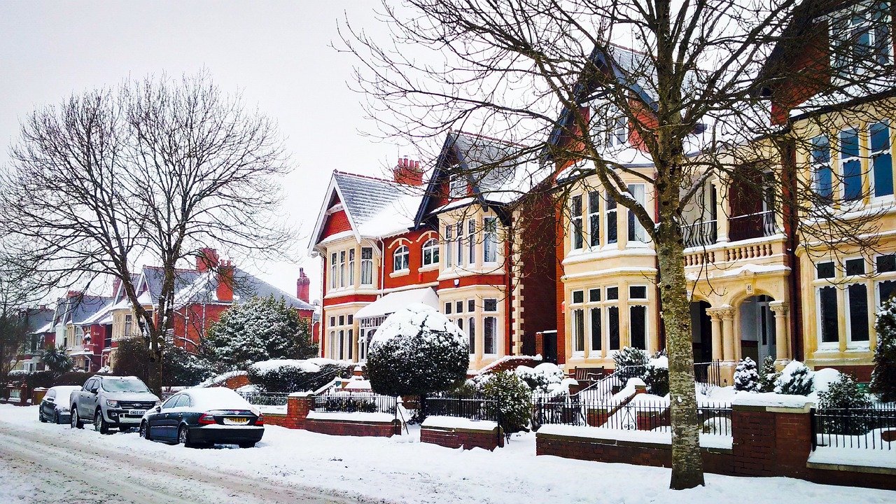 snow, winter, houses, street, residential, buildings, nature, architecture, cardiff, wales, uk, cold