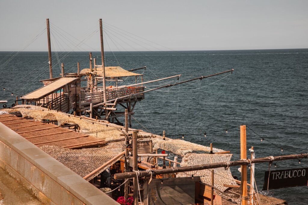 Historic wooden trabucco fishing structure overlooking the Adriatic Sea.