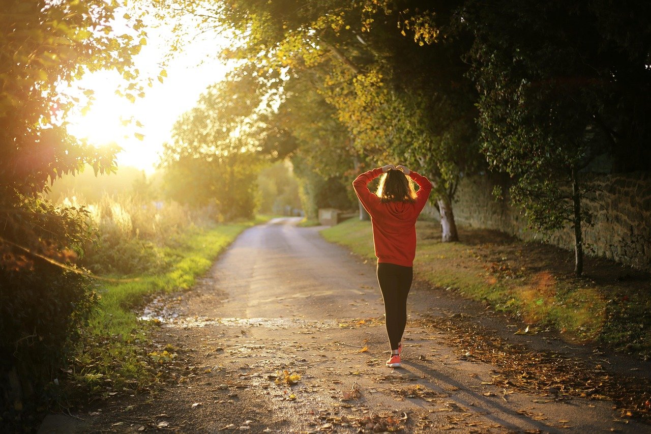 walking, fitness, girl, dawn, fall, outdoors, pathway, recreation, trees, brown fitness, brown tree, nature, brown sunset, br