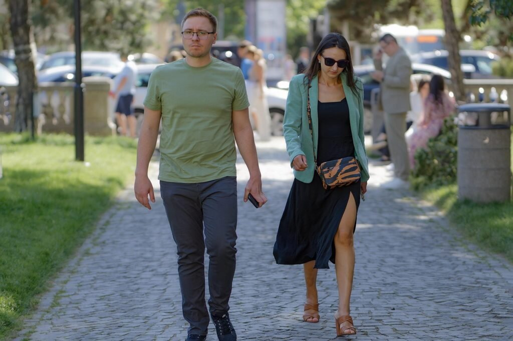 couple, park, people, young, casual, glasses, walking, together, alley, urban, lifestyle