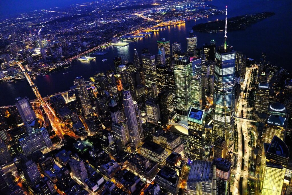 buildings, city, illuminated, city lights, skyline, aerial view, bird's eye view, drone photography, new york, cityscape, nig