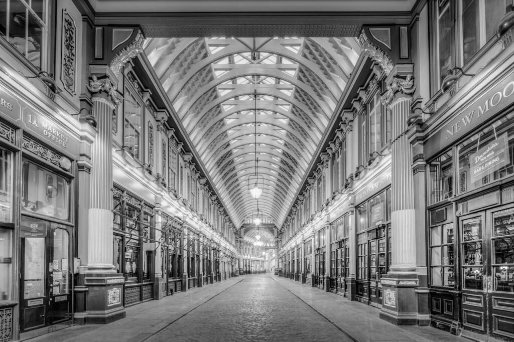leadenhall market, historic, architecture, english, london, black and white, british, market, ceiling, interior, floor, lamp,