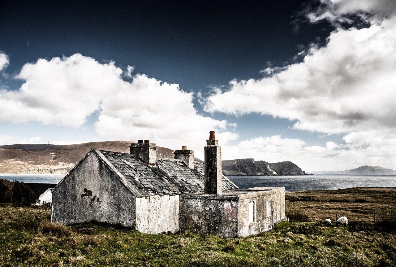 hut, ruins, house, abandoned, ireland, nature, sea, clouds, landscape, lapsed