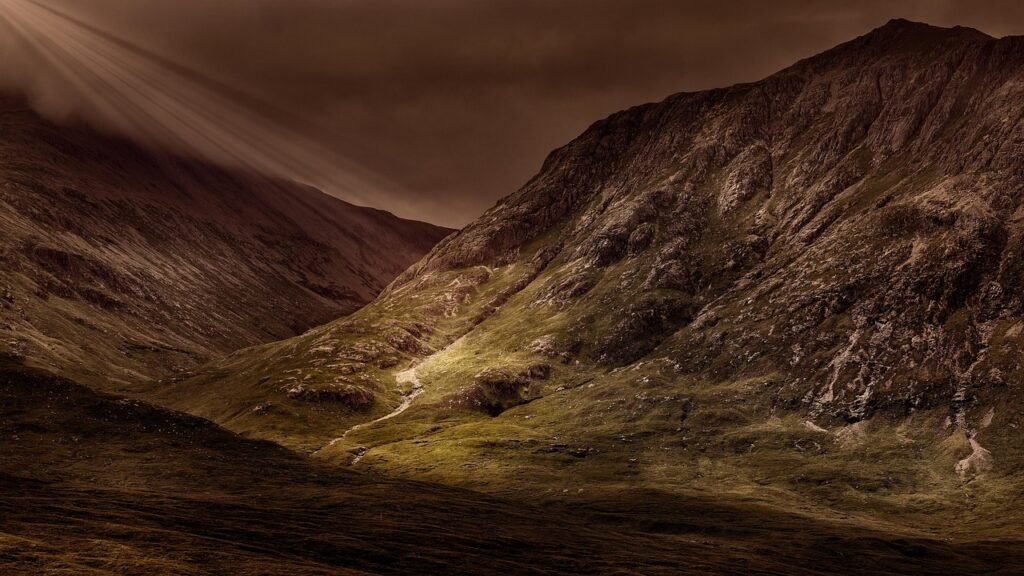 mountains, valley, sunlight, panorama, landscape, mountain range, nature, massif, view, outlook, mood, dramatic, gloomy, dark