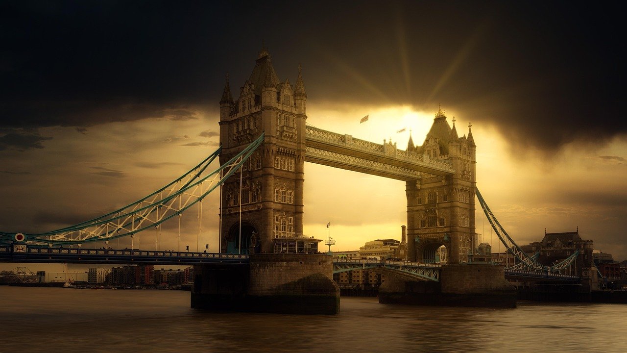 london, tower bridge, river thames, clouds, sun, dark, dramatic, england, landmark, nature, architecture, bridge, tower, unit