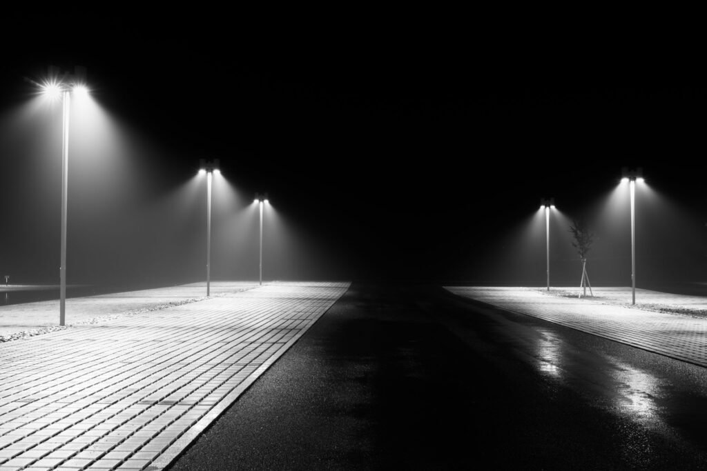 A serene black-and-white street landscape in Switzerland illuminated by streetlights at night.