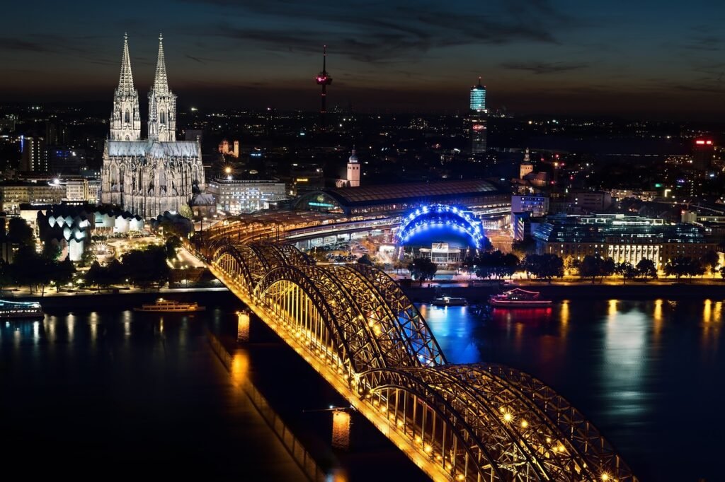 cologne cathedral, hohenzollern bridge, river, city lights, illuminated, aerial view, bird's eye voew, cologne, cathedral, do