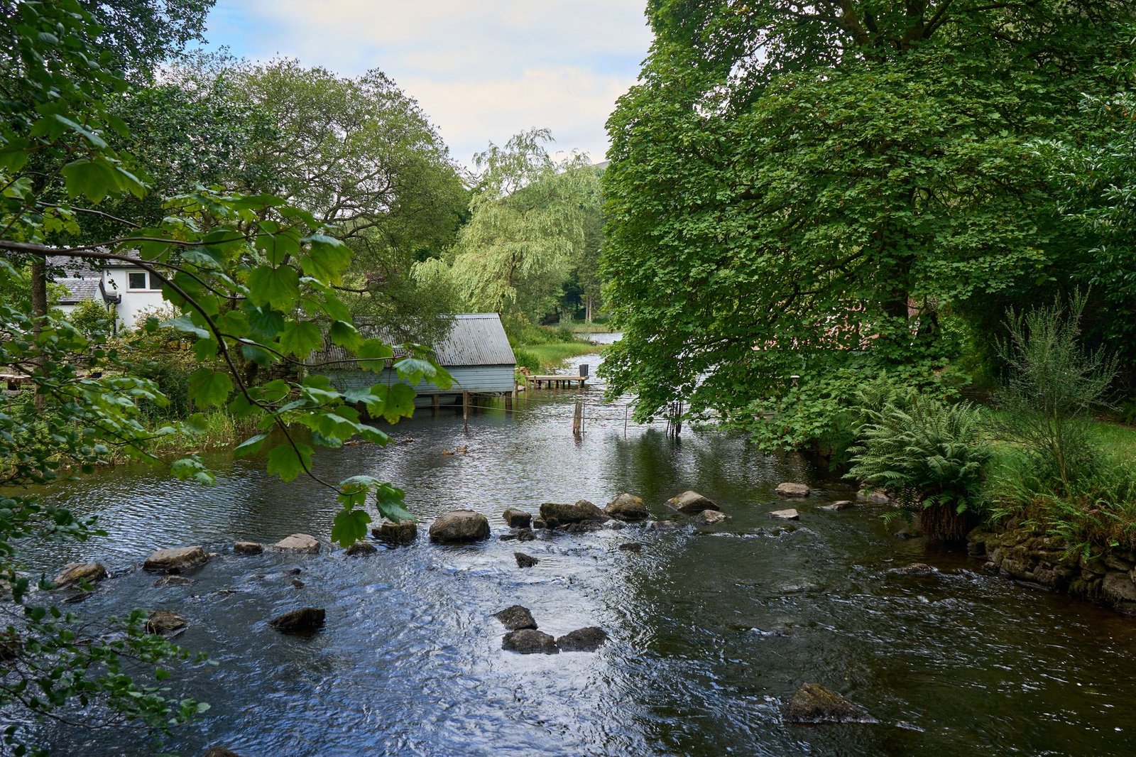 A tranquil river scene surrounded by lush trees and a quaint cottage in Scotland.