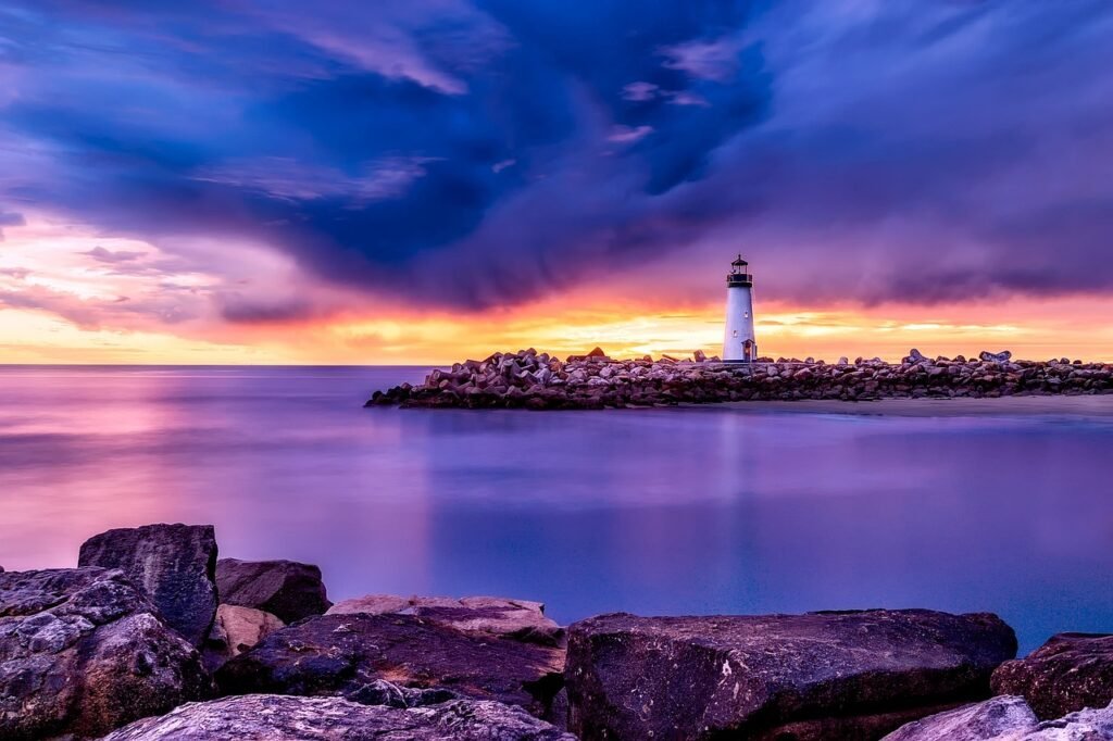santa cruz, lighthouse, california, light, sea, ocean, bay, water, sky, clouds, sunset, dusk, beautiful, rocks, rocky, nature