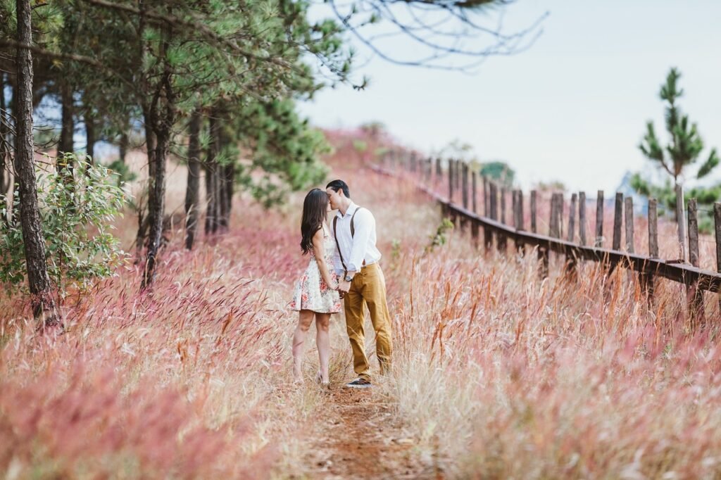 couple, kiss, field, meadow, kissing, holding hands, lovers, affection, affectionate, happy couple, couple kissing, marriage,