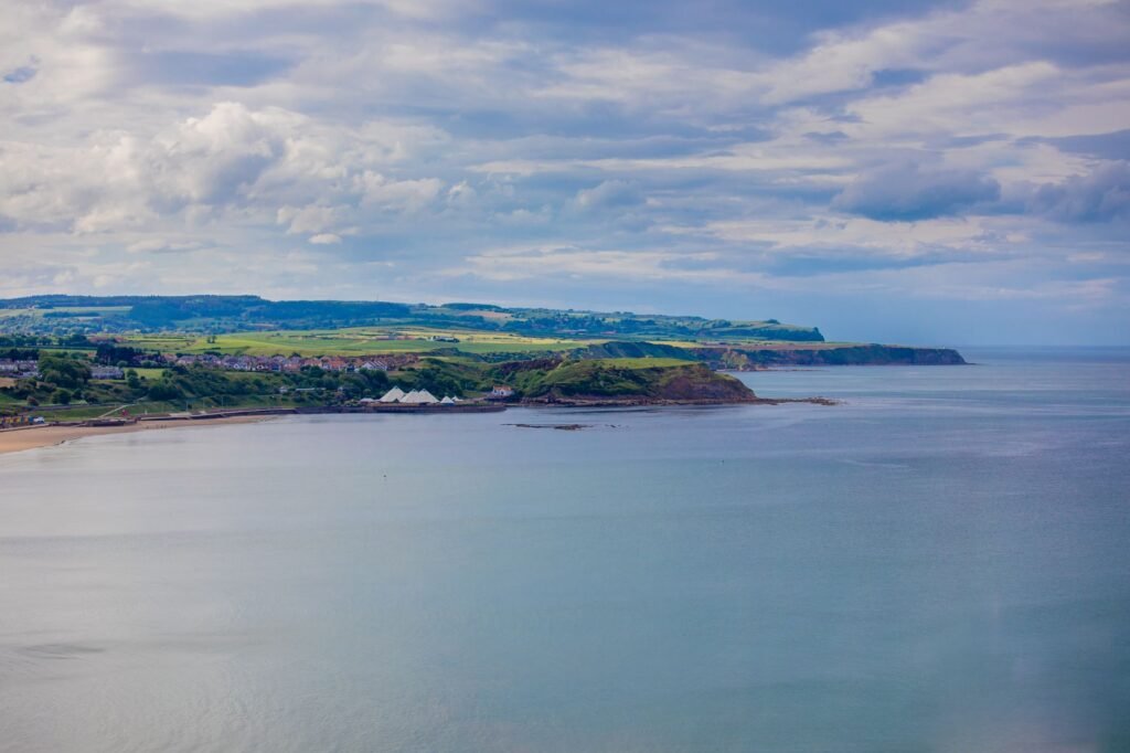 Serene view of a coastal village with lush greenery and overcast sky.