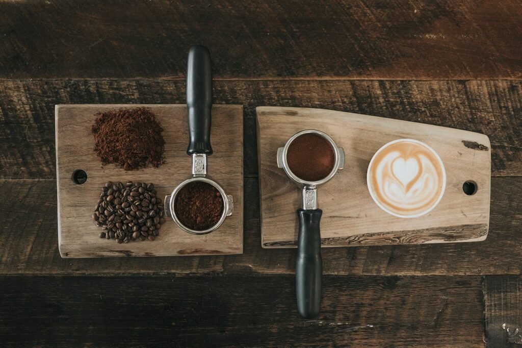 coffee, beans, seed, powder, wooden, chopping, board, table, cafe, coffeehouse, foam, milk, latte, brown coffee, brown table,