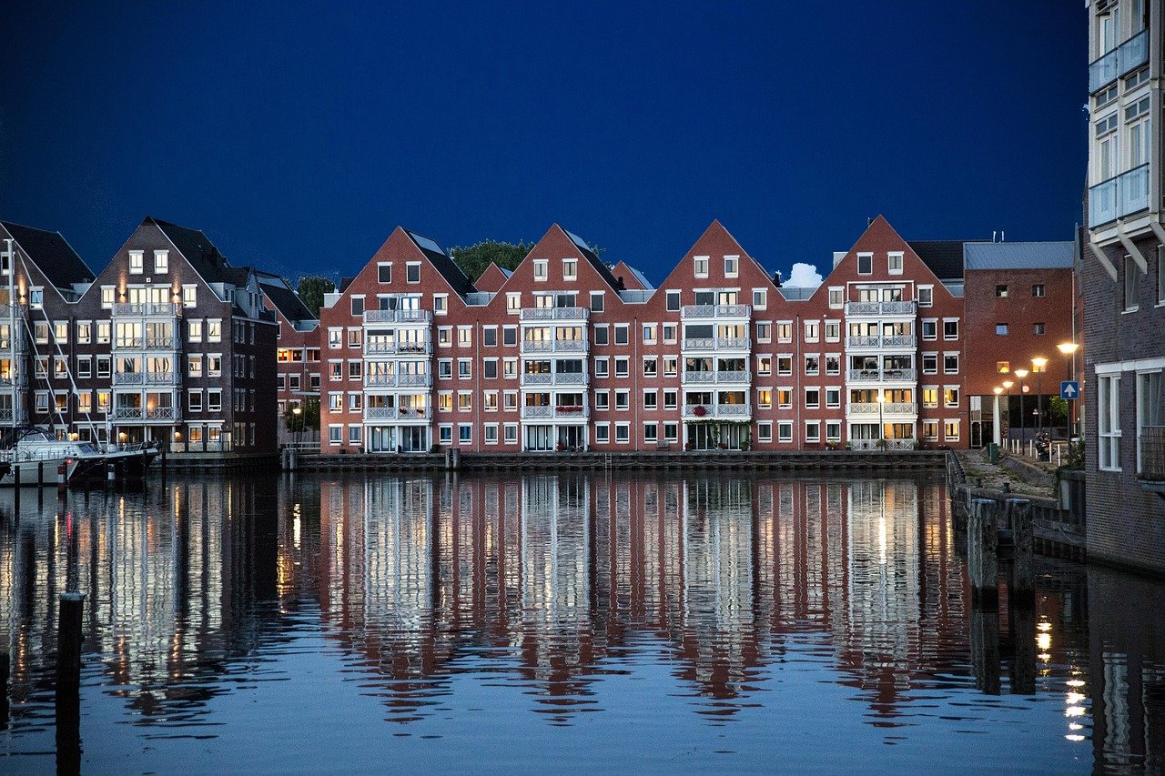 netherlands, nature, hoorn, houses, water, reflection, night, evening, view, city, amsterdam, blue city, blue house