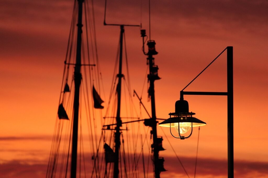 sunset, masts, lamp, port, harbor, dusk, twilight, sailboats, eve, quiet, evening atmosphere, nature, street lighting, lanter