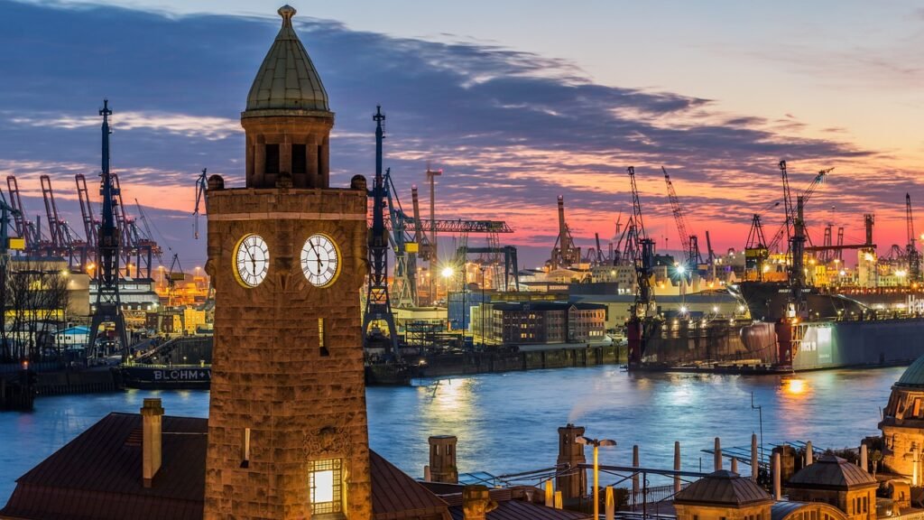 travel, city, architecture, panorama, hamburg, north, afterglow, water, elbe, flow, landscape, heaven, nature, sunset, port,