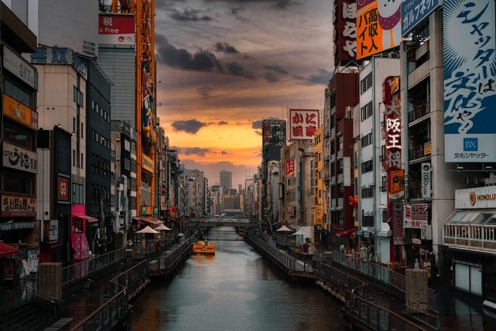 river, buildings, city, urban, office buildings, business buildings, destination, barge, boat, tombori river walk, dotonbori,