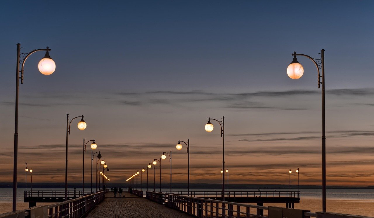 street lights, nature, promenade, sea, sunset, twilight, the pier