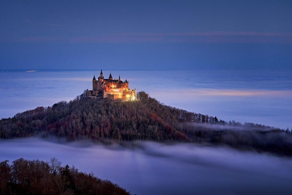 castle, mountains, forest, fog, castle romance, dusk, germany, nature, fall, hill, landscape, mystical, Hechingen, Germany, B