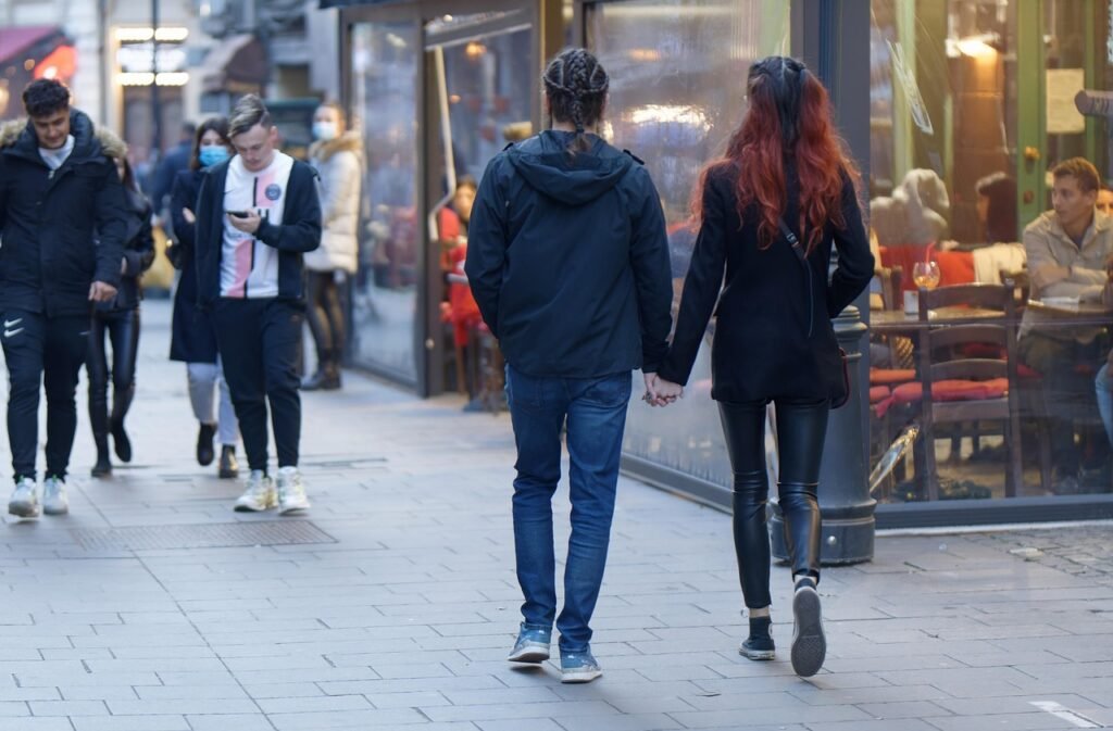 couple, walking, together, urban, town, love, romance, people, terrace, restaurant