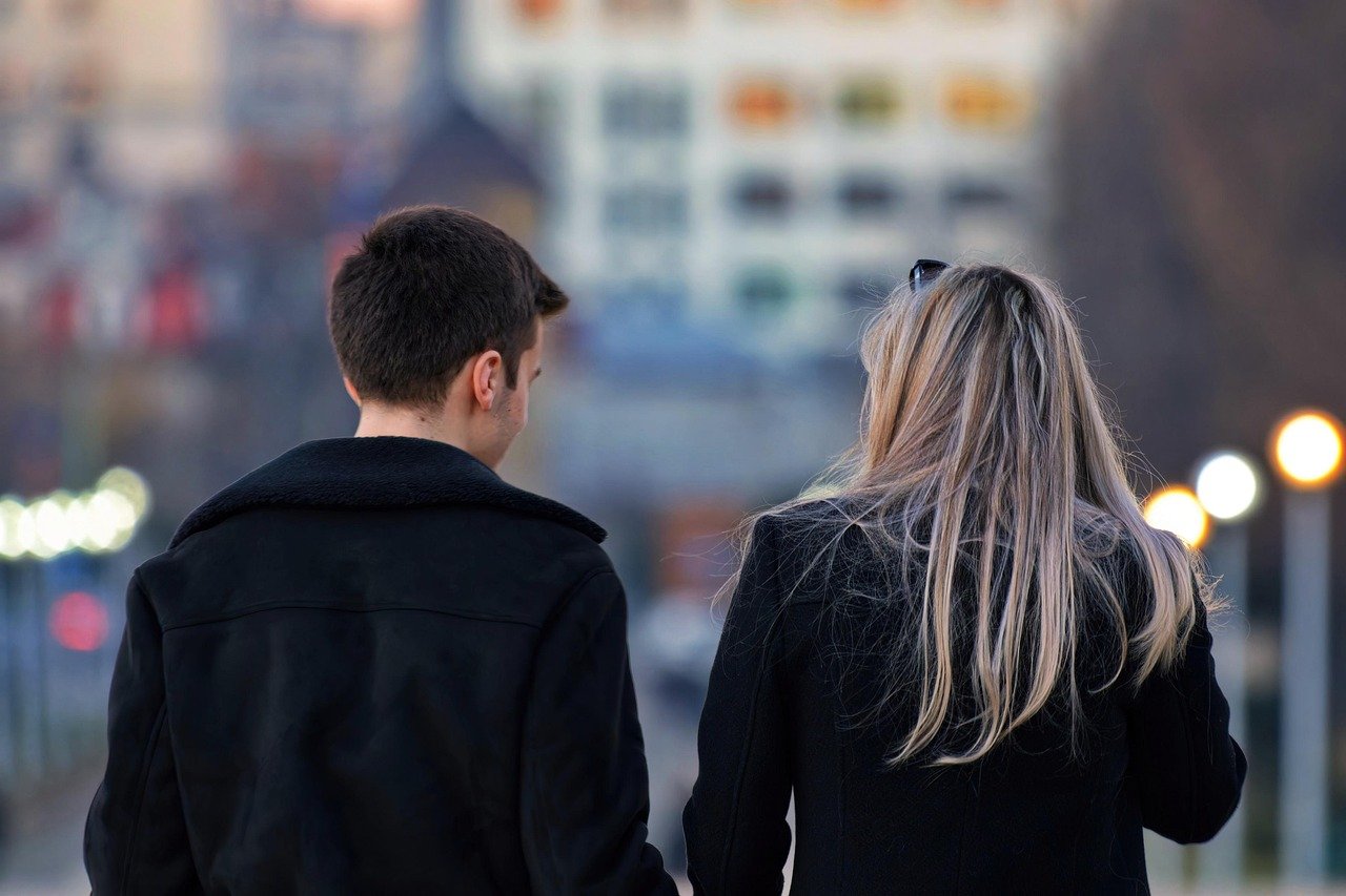 couple, walking, friends, together, alley, park, evening, lights, lifestyle, city, outdoors