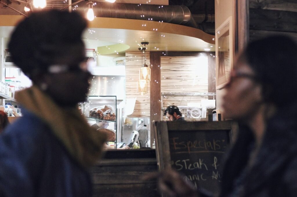 people, man, guy, girl, talking, dating, restaurant, menu, counter