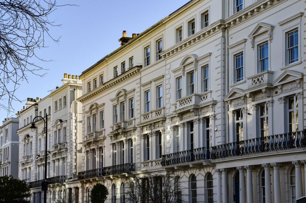 Elegant Georgian terrace houses in London with classic architectural details.