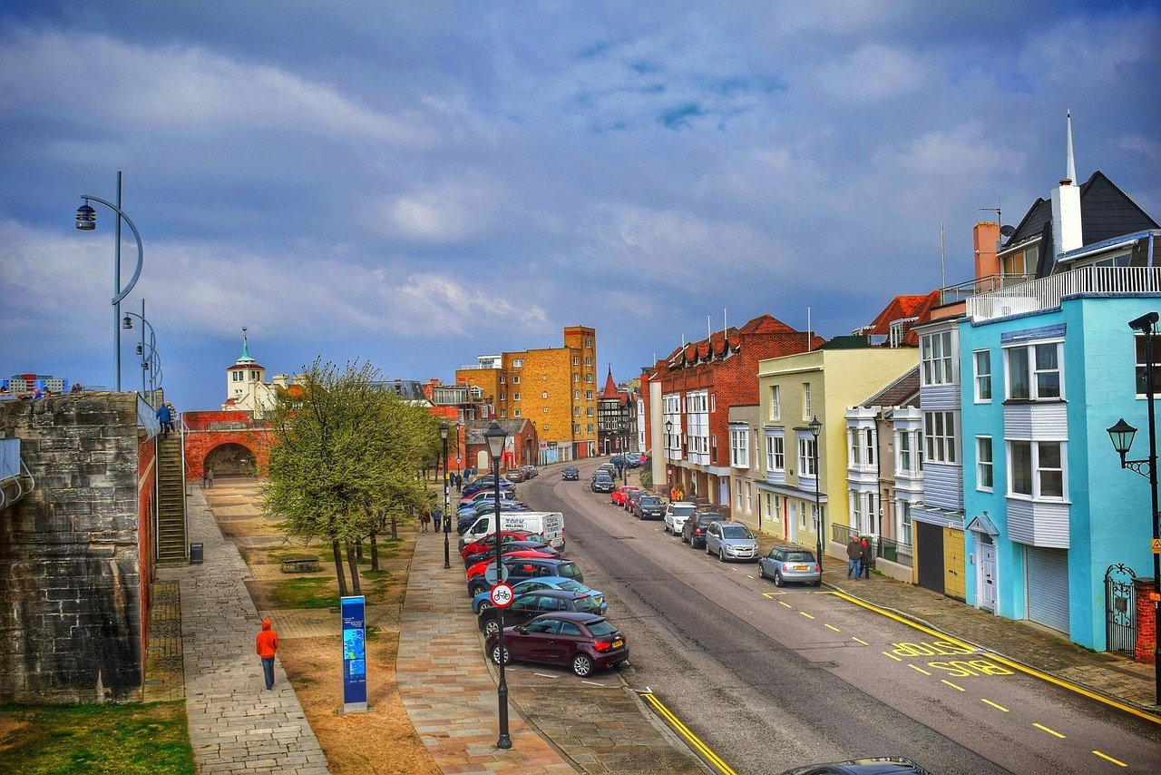portsmouth, old town, england, nature, street, cars, historic, sky, clouds, blue street, Portsmouth, United Kingdom, England