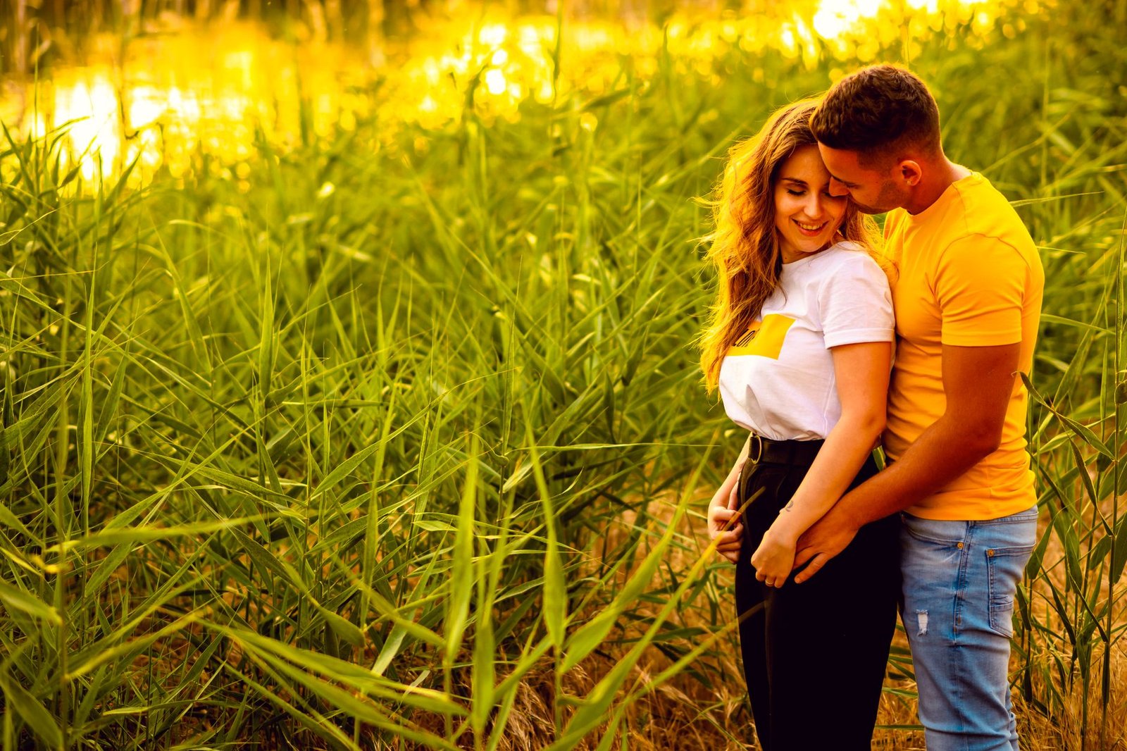 A romantic couple embraces in a sunlit field of reeds and tall grass, exuding warmth.