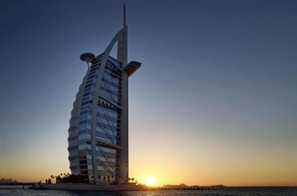 u a e, united arabic emirates, dubai, burj al arab, architecture, city, building, skyscraper, facade, the sky in the evening,