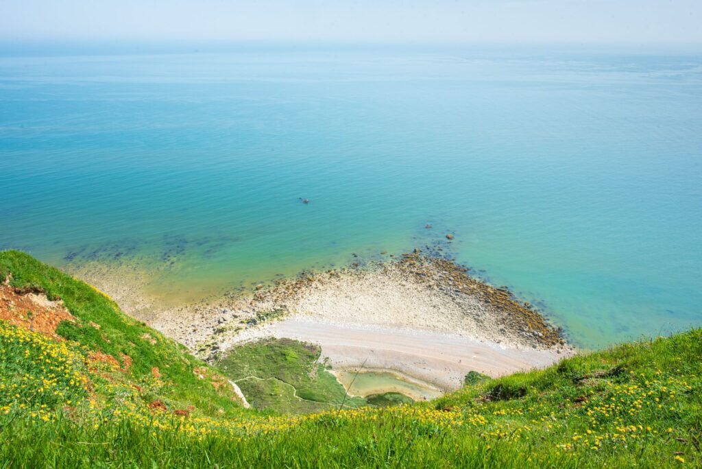 A tranquil aerial view of a British seaside from a cliff, showcasing clear blue waters and lush green grass.