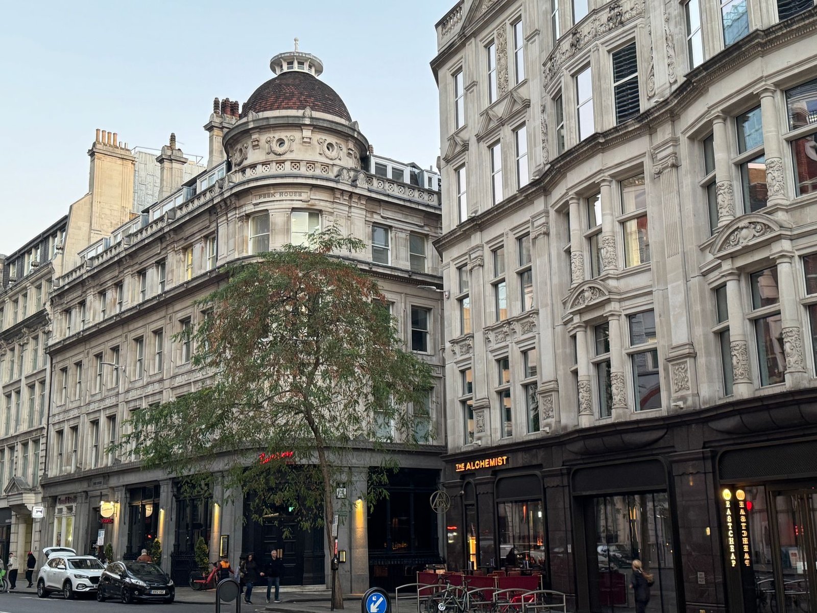 Historic European street view with classic architecture in early evening light.