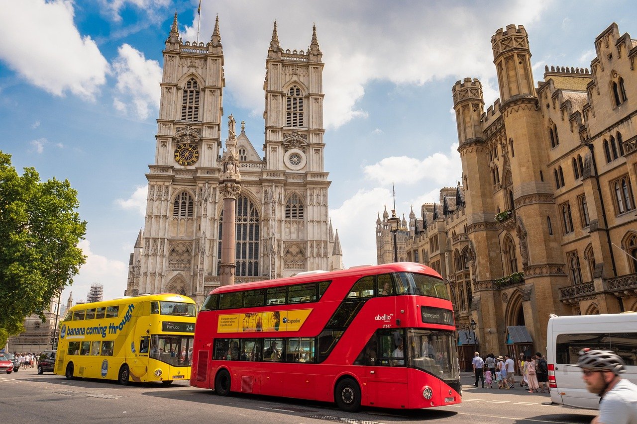 london, bus, yellow, red, westminster, abbey, church, england, traffic, road, city, united kingdom, tourism, double decker, b